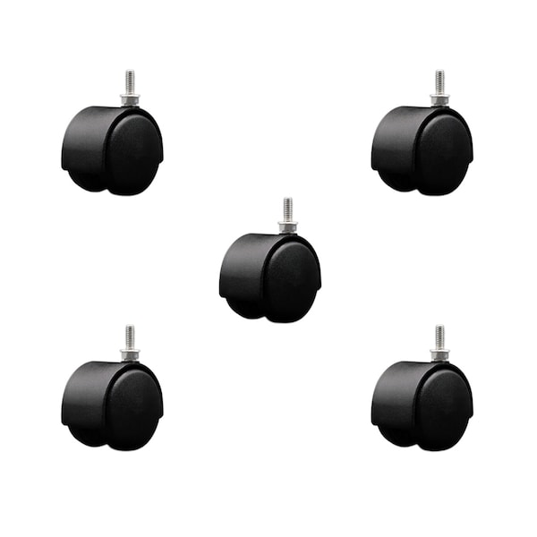 2'' Black Metal Hood Twin Wheel Caster Nylon Wheels 1/4 Thread Stem, 5PK